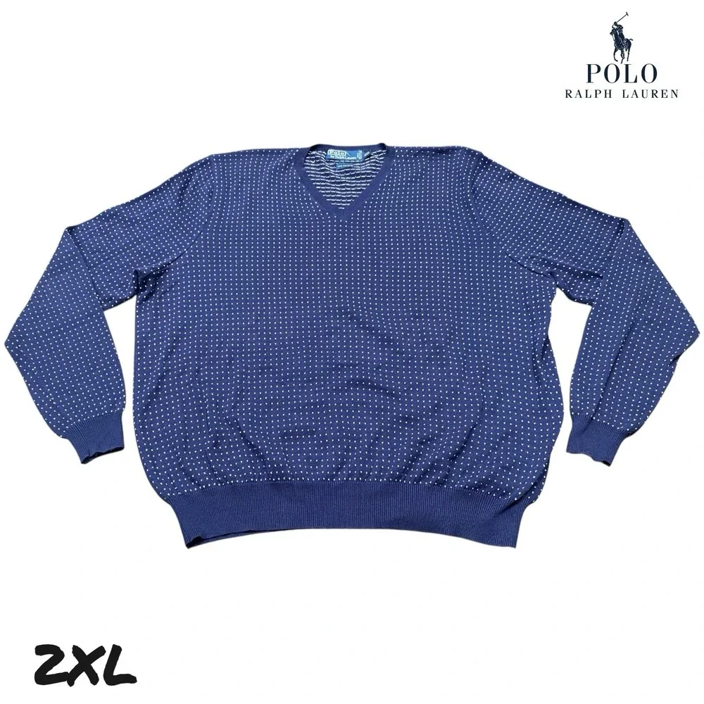 VTG 90's Polo Ralph Lauren Sweater XXL Blue White Dot Pattern V-Neck 100% Cotton